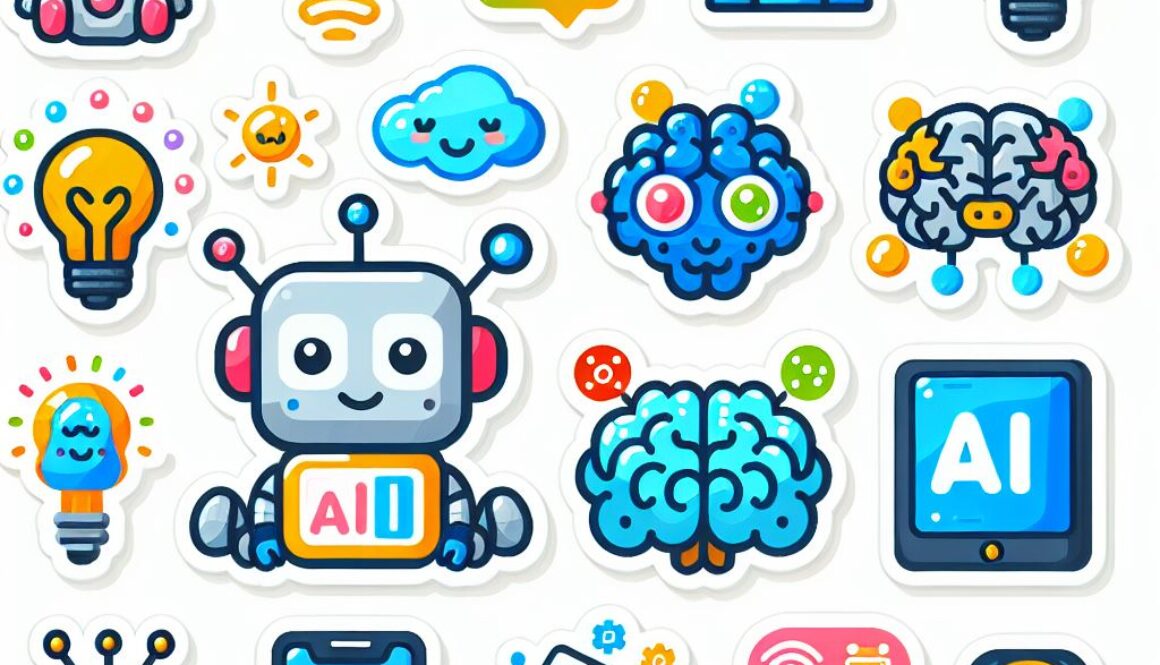 Set de stickere tematice pentru copii despre inteligența artificială, stil colorat, prietenos, cu ro